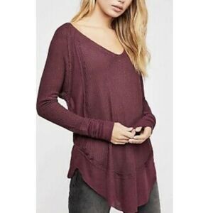 We the Free People Catalina Thermal waffle Tunic Top Long Sleeve Burgundy XS